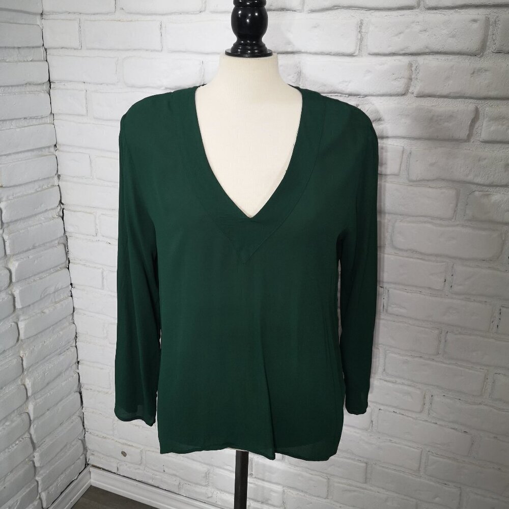 Zara Woman Ladies Size XL V-neck Long Sleeves Dark Green Blouse